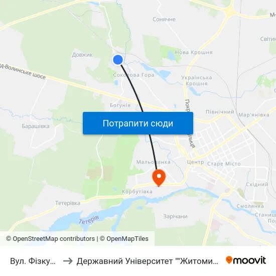 Вул. Фізкультурна to Державний Університет ""Житомирська Політехніка"" map
