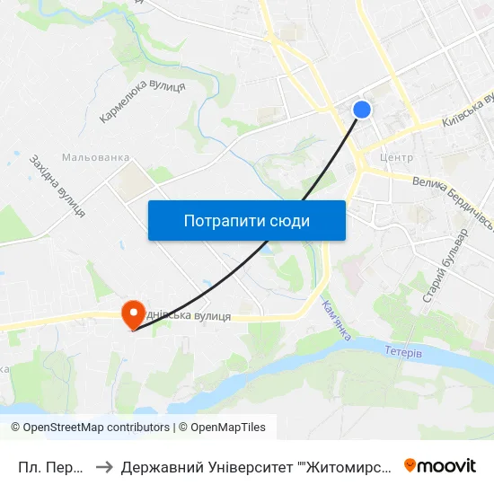 Пл. Перемоги to Державний Університет ""Житомирська Політехніка"" map