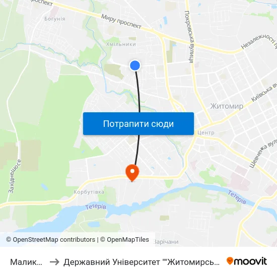 Маликова 6 to Державний Університет ""Житомирська Політехніка"" map