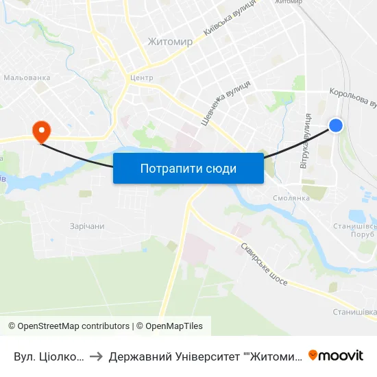 Вул. Ціолковського to Державний Університет ""Житомирська Політехніка"" map