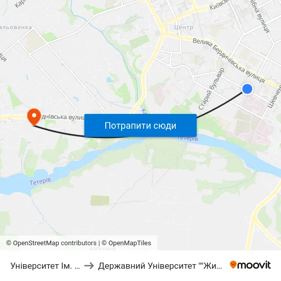 Університет Ім. Івана Франка to Державний Університет ""Житомирська Політехніка"" map