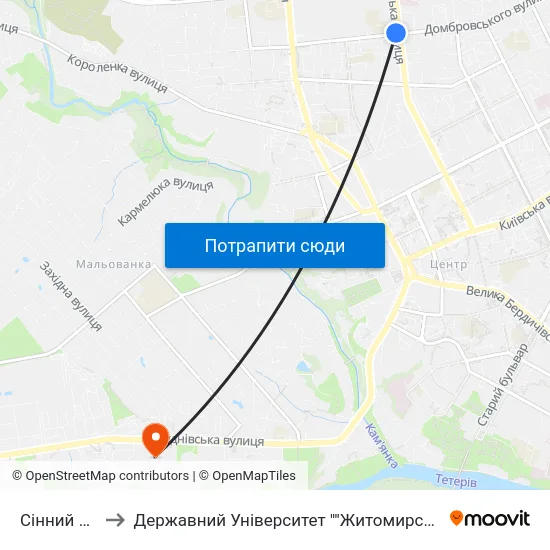 Сінний Ринок to Державний Університет ""Житомирська Політехніка"" map
