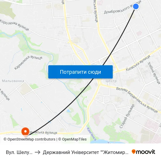 Вул. Шелушкова to Державний Університет ""Житомирська Політехніка"" map