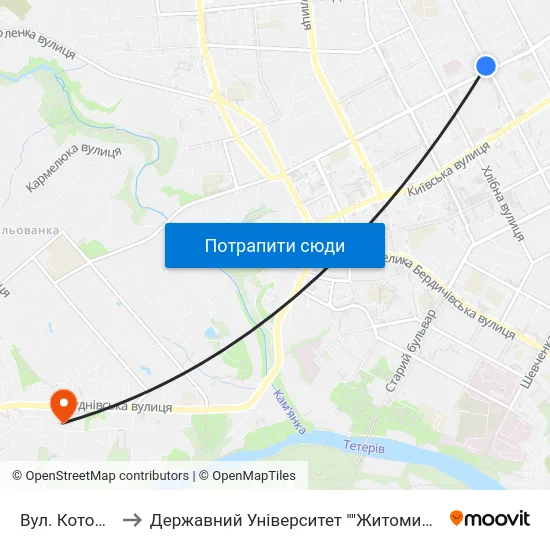 Вул. Котовського to Державний Університет ""Житомирська Політехніка"" map