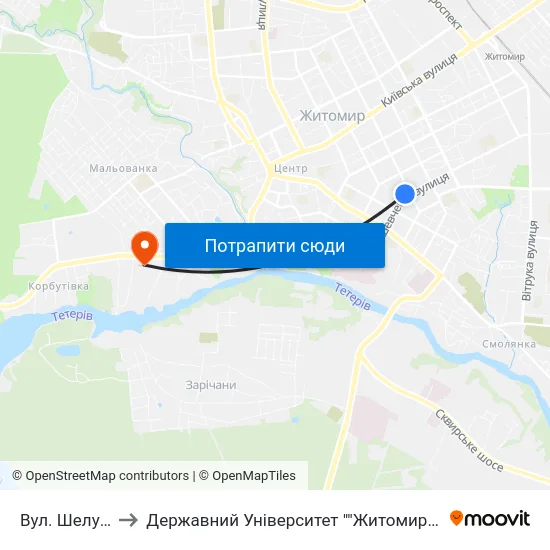 Вул. Шелушкова to Державний Університет ""Житомирська Політехніка"" map