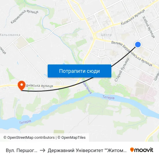 Вул. Першого Травня to Державний Університет ""Житомирська Політехніка"" map