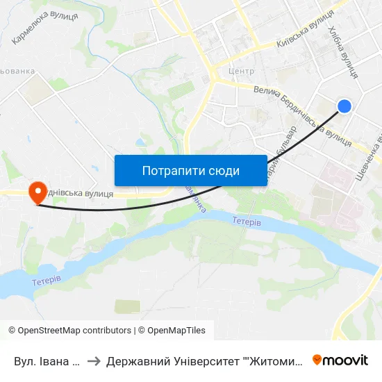 Вул. Івана Франка to Державний Університет ""Житомирська Політехніка"" map