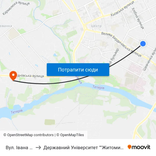 Вул. Івана Франка to Державний Університет ""Житомирська Політехніка"" map