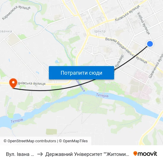 Вул. Івана Франка to Державний Університет ""Житомирська Політехніка"" map