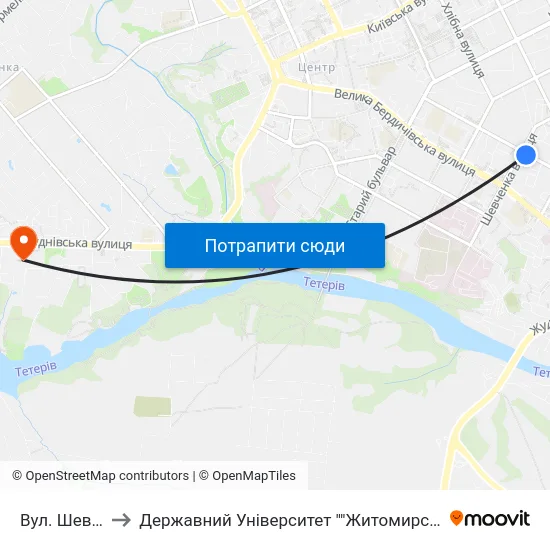 Вул. Шевченка to Державний Університет ""Житомирська Політехніка"" map