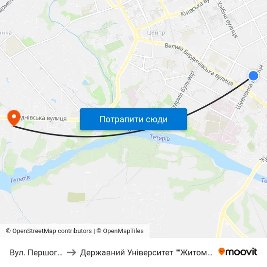 Вул. Першого Травня to Державний Університет ""Житомирська Політехніка"" map