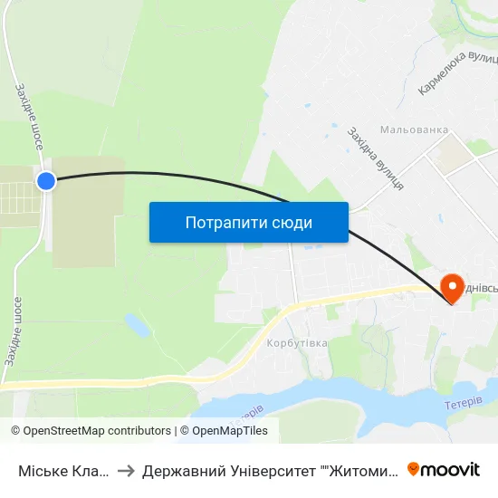 Міське Кладовище to Державний Університет ""Житомирська Політехніка"" map