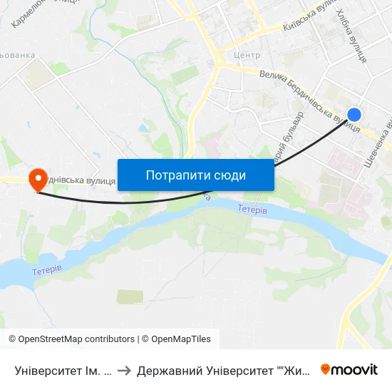 Університет Ім. Івана Франка to Державний Університет ""Житомирська Політехніка"" map