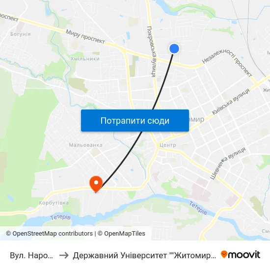 Вул. Народицька to Державний Університет ""Житомирська Політехніка"" map