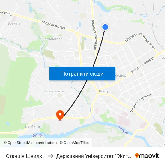 Станція Швидкої Допомоги to Державний Університет ""Житомирська Політехніка"" map