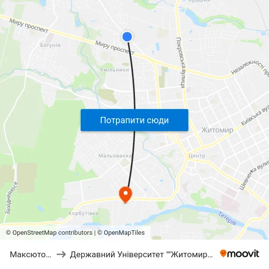 Максютова 27а to Державний Університет ""Житомирська Політехніка"" map