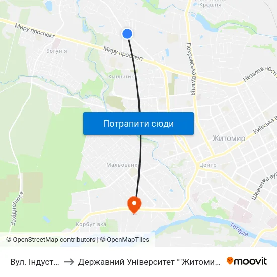 Вул. Індустріальна to Державний Університет ""Житомирська Політехніка"" map