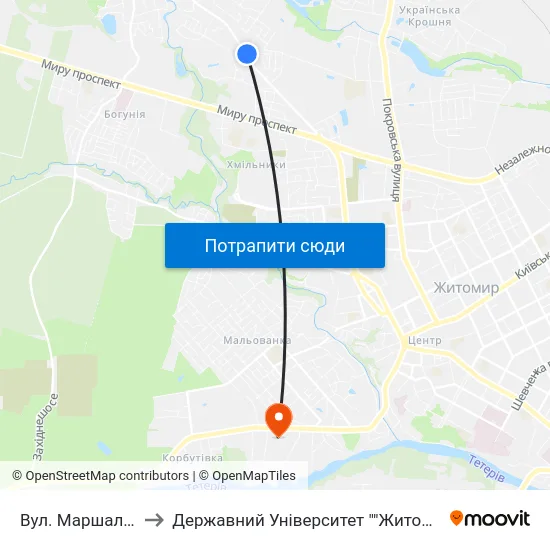 Вул. Маршала Рибалка to Державний Університет ""Житомирська Політехніка"" map