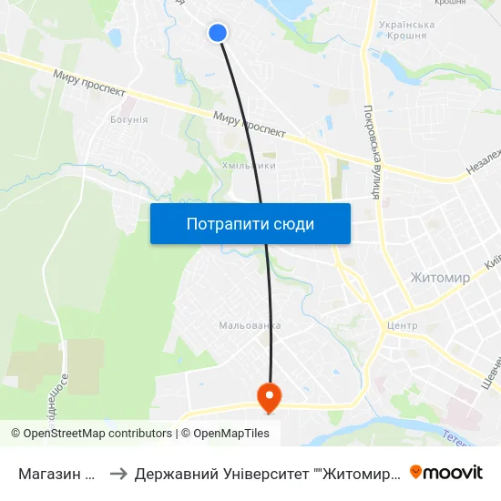 Магазин Берізка to Державний Університет ""Житомирська Політехніка"" map