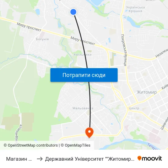 Магазин Берізка to Державний Університет ""Житомирська Політехніка"" map