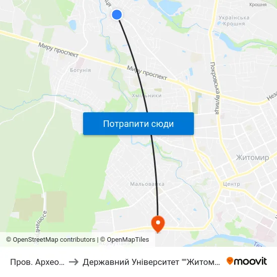 Пров. Археологічний to Державний Університет ""Житомирська Політехніка"" map