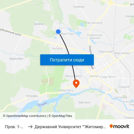 Пров. 1-Й Миру to Державний Університет ""Житомирська Політехніка"" map