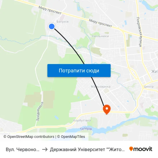 Вул. Червоноармійська to Державний Університет ""Житомирська Політехніка"" map