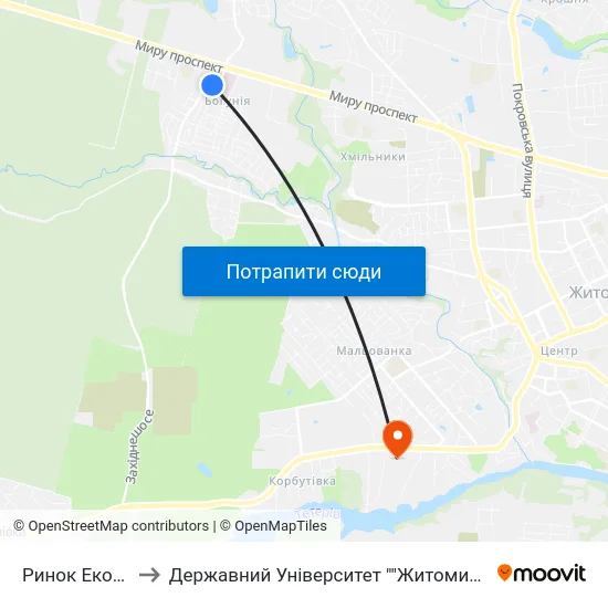 Ринок Економний to Державний Університет ""Житомирська Політехніка"" map