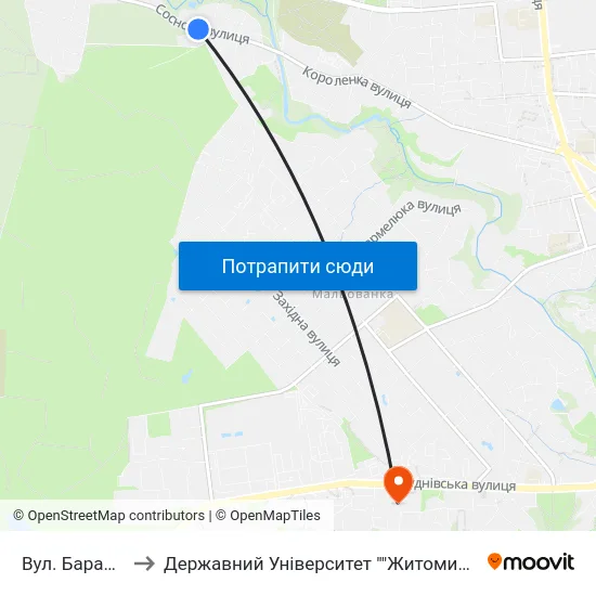 Вул. Барашівська to Державний Університет ""Житомирська Політехніка"" map