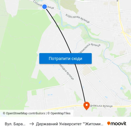 Вул. Барашівська to Державний Університет ""Житомирська Політехніка"" map