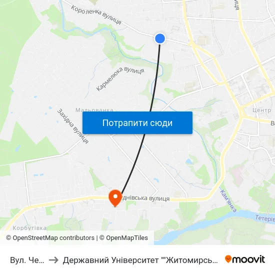 Вул. Чехова to Державний Університет ""Житомирська Політехніка"" map
