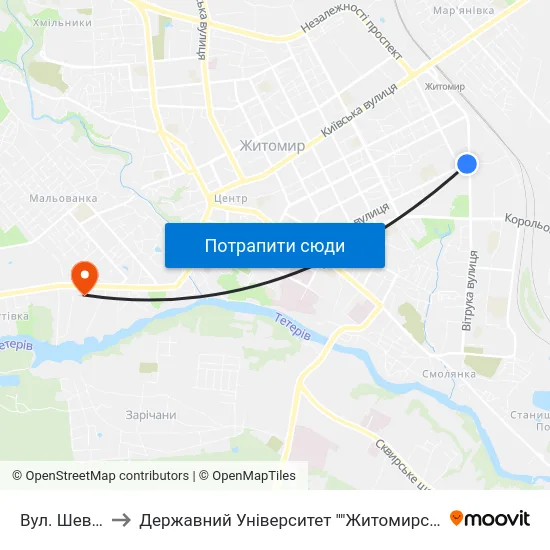 Вул. Шевченка to Державний Університет ""Житомирська Політехніка"" map