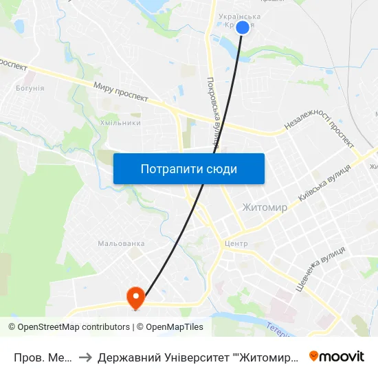 Пров. Медовий to Державний Університет ""Житомирська Політехніка"" map