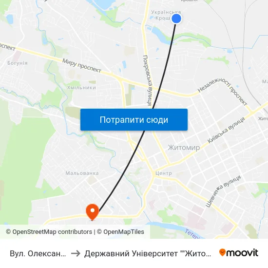 Вул. Олександра Олеся to Державний Університет ""Житомирська Політехніка"" map