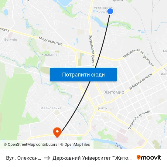 Вул. Олександра Олеся to Державний Університет ""Житомирська Політехніка"" map