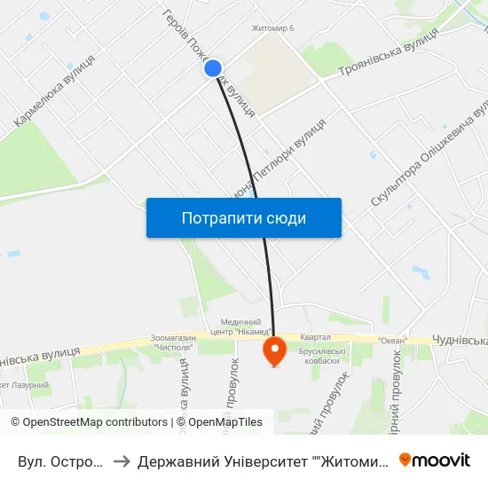 Вул. Островського to Державний Університет ""Житомирська Політехніка"" map