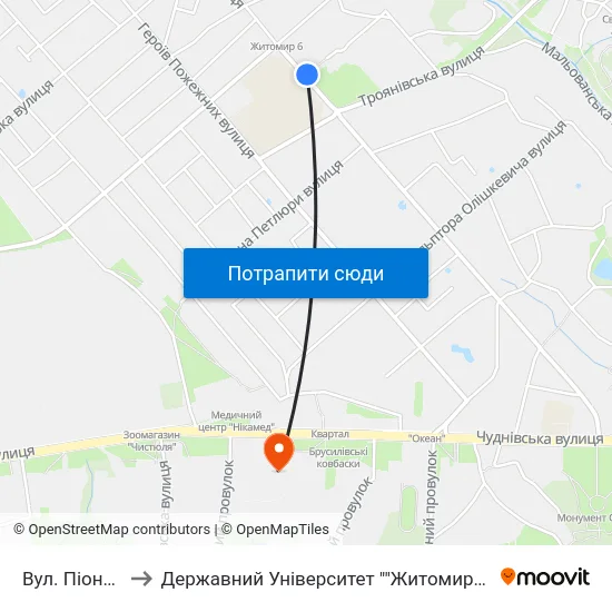 Вул. Піонерська to Державний Університет ""Житомирська Політехніка"" map