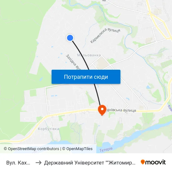 Вул. Каховська to Державний Університет ""Житомирська Політехніка"" map