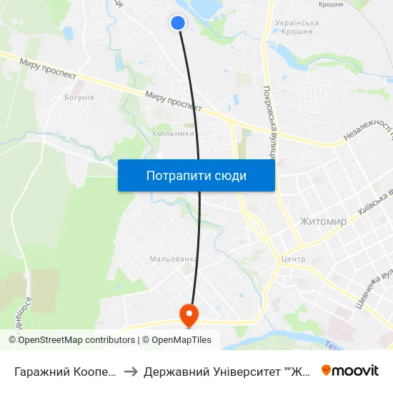 Гаражний Кооператив Аграрник to Державний Університет ""Житомирська Політехніка"" map