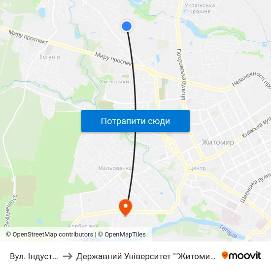 Вул. Індустріальна to Державний Університет ""Житомирська Політехніка"" map
