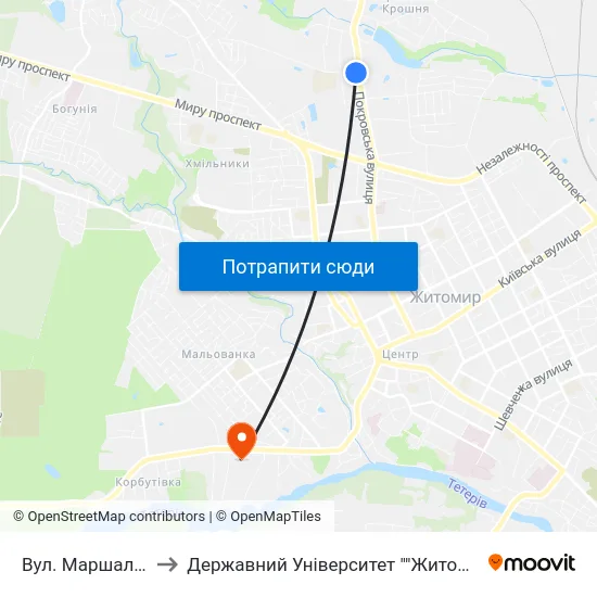 Вул. Маршала Рибалка to Державний Університет ""Житомирська Політехніка"" map