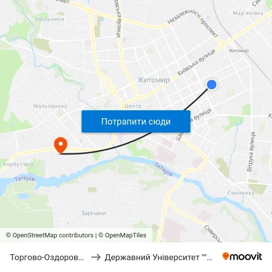 Торгово-Оздоровчий Центр Східний to Державний Університет ""Житомирська Політехніка"" map