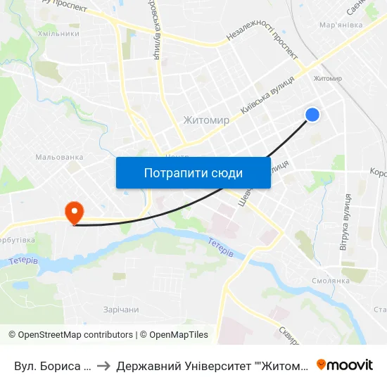 Вул. Бориса Тена 100 to Державний Університет ""Житомирська Політехніка"" map