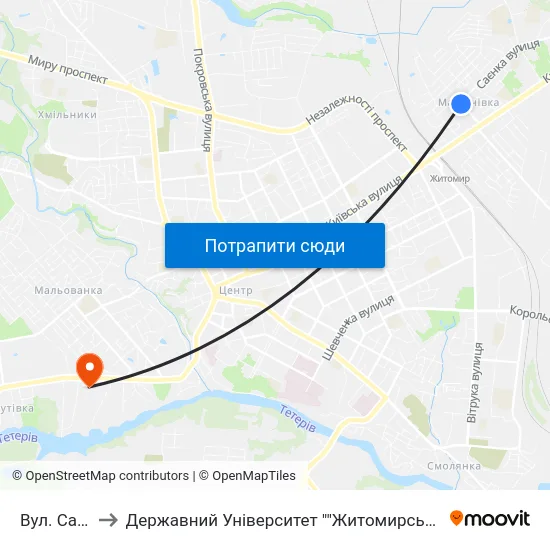 Вул. Саєнка to Державний Університет ""Житомирська Політехніка"" map