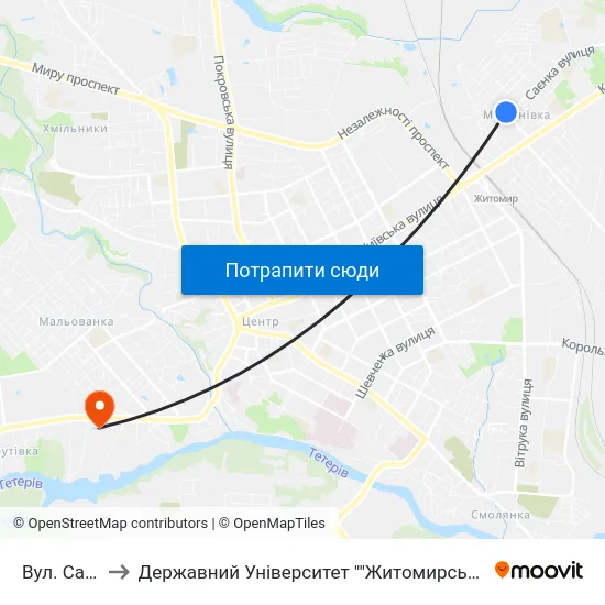Вул. Саєнка to Державний Університет ""Житомирська Політехніка"" map