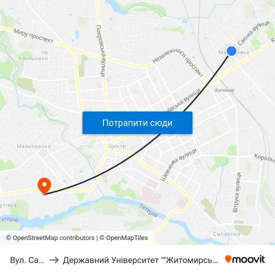 Вул. Саєнка to Державний Університет ""Житомирська Політехніка"" map