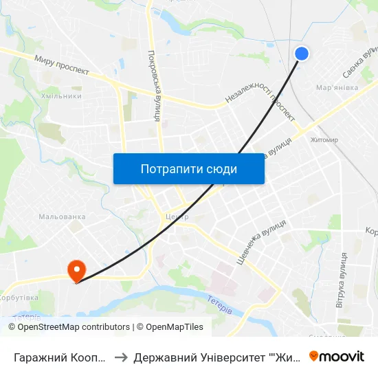 Гаражний Кооператив Восход to Державний Університет ""Житомирська Політехніка"" map