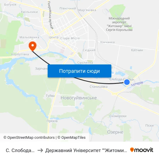 С. Слобода-Селець to Державний Університет ""Житомирська Політехніка"" map
