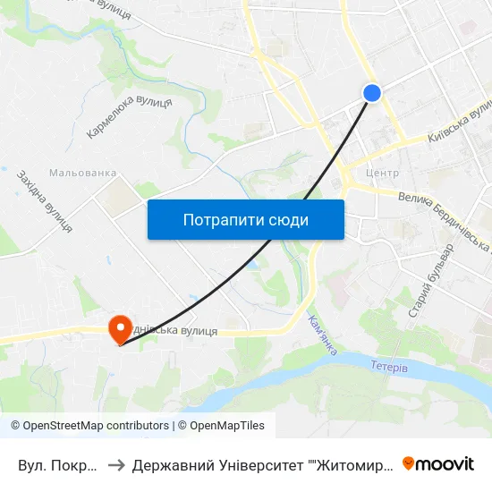 Вул. Покровська to Державний Університет ""Житомирська Політехніка"" map
