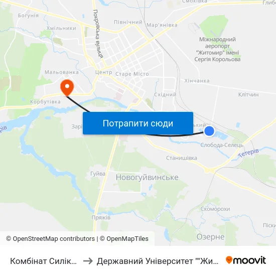 Комбінат Силікатних Виробів to Державний Університет ""Житомирська Політехніка"" map